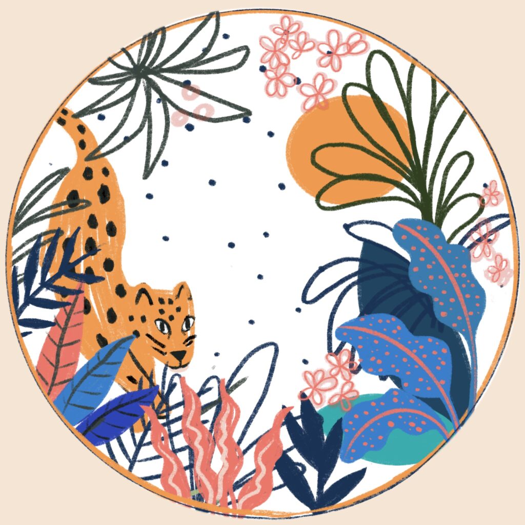 Colorful tiger illustration created digitally in Procreate, surrounded by tropical vegetation.