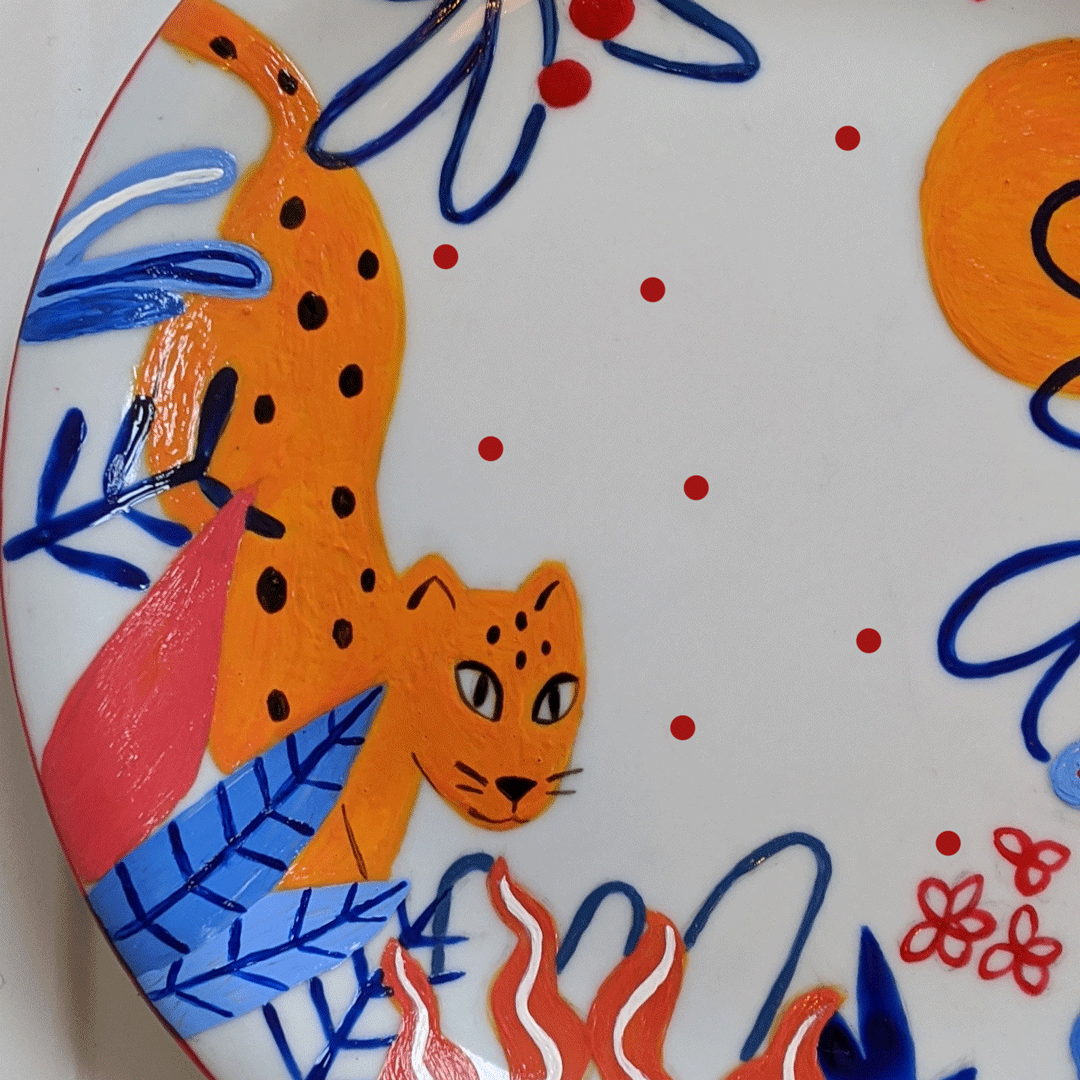 Playful hand-painted tiger winking from within the tropical vegetation.