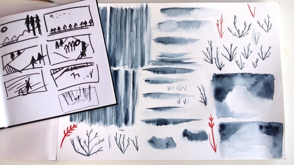 Watercolor details — Close-up of hand-painted watercolor details from the film’s sets.